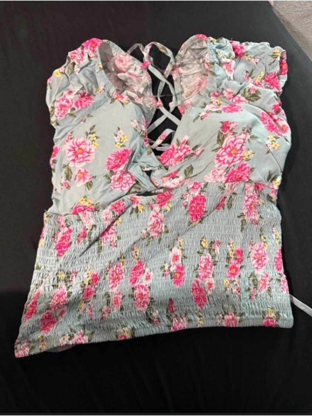 Floral Smocked Light Blue & Pink Women's Tank Top